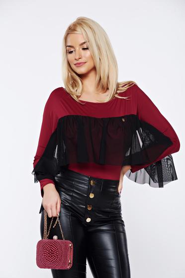 Body MissQ visiniu elegant cu aplicatii de tul din material elastic si fin