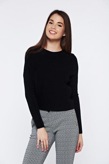 Pulover negru casual tricotat cu croi larg din material raiat