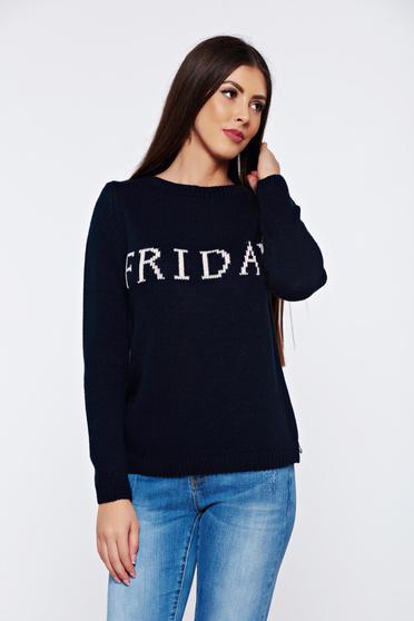 Pulover albastru casual tricotat cu mesaje cu croi larg