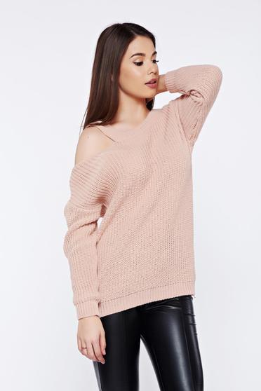 Pulover rosa casual tricotat cu croi larg cu umeri decupati