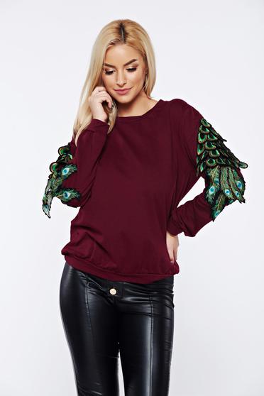 Pulover visiniu casual din bumbac brodat cu croi larg