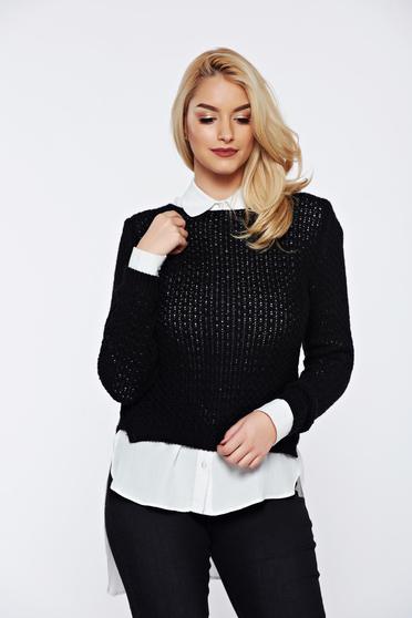 Pulover negru casual tricotat asimetric cu croi larg