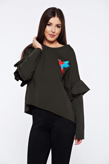 Pulover khaki casual brodat cu croi larg cu volanase la maneca