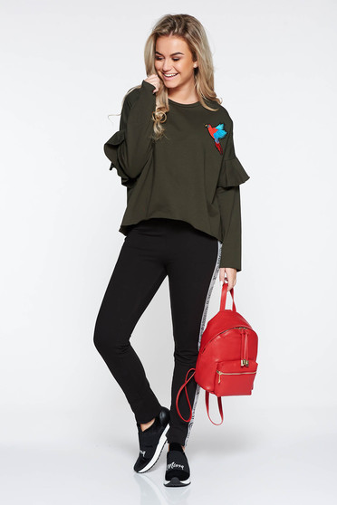 Pulover khaki casual brodat cu croi larg cu volanase la maneca