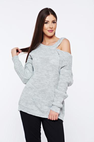 Pulover gri casual tricotat cu croi larg cu umeri decupati