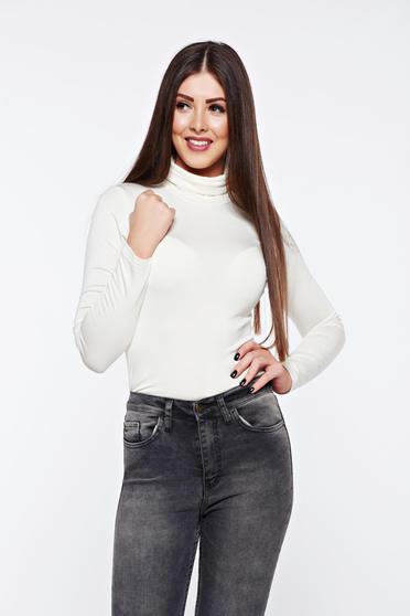 Bluza dama alba casual mulata pe gat cu maneca lunga