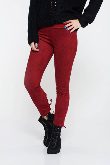 Pantaloni visinii casual conici din velur cu talie joasa accesorizati cu snur