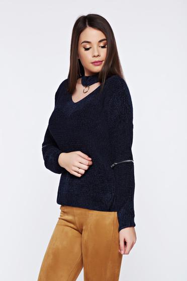 Pulover albastru casual tricotat din catifea cu croi larg
