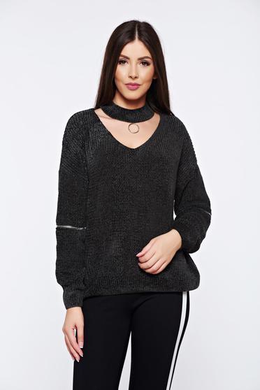 Pulover khaki casual tricotat din catifea cu croi larg