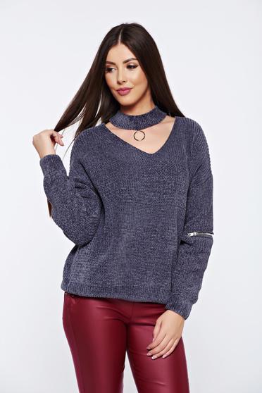Pulover gri casual tricotat din catifea cu croi larg