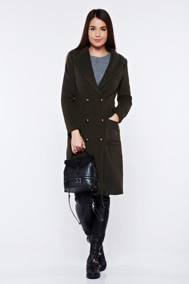 Palton LaDonna verde-inchis casual din lana cu buzunare captusit pe interior