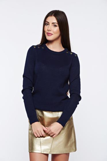 poze cu Pulover Top Secret albastru-inchis casual tricotat cu aplicatii metalice