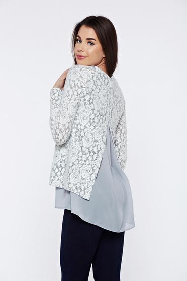 Pulover PrettyGirl gri casual din dantela cu croi larg