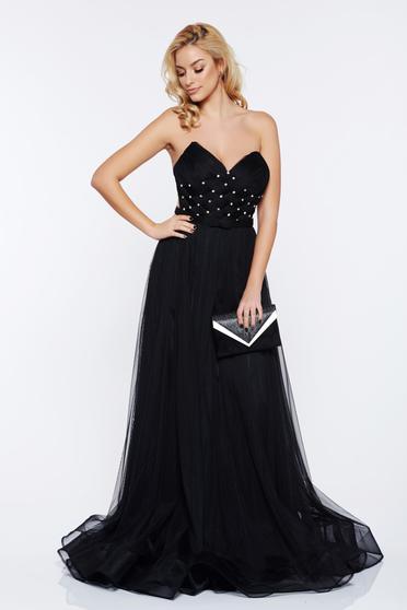 Rochie Ana Radu neagra de lux tip corset din tul captusita pe interior cu pietre strass