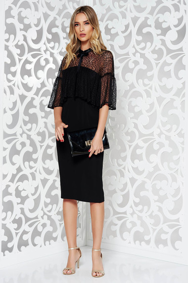 Rochie Ana Radu neagra de lux midi tip creion din material usor elastic si dantela cu aplicatii de catifea