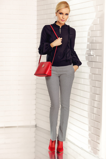 Pantaloni Fofy negri office cu talie medie din stofa usor elastica cu buzunare