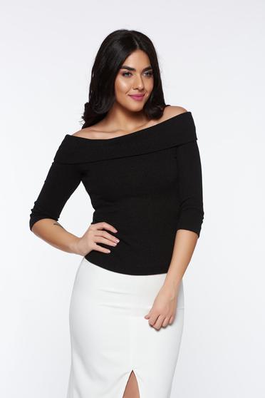 Pulover StarShinerS negru casual tricotat mulat pe umeri