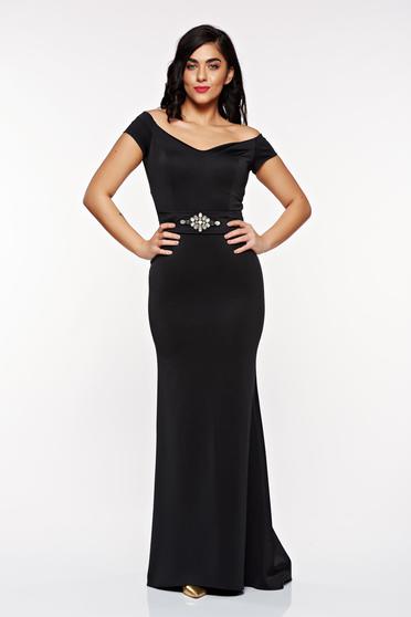 Rochie StarShinerS neagra de ocazie tip sirena din material satinat cu decolteu adanc