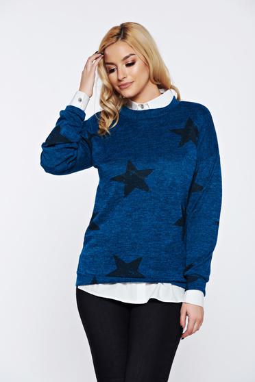 Pulover PrettyGirl turcoaz cu print casual tricotat cu croi larg