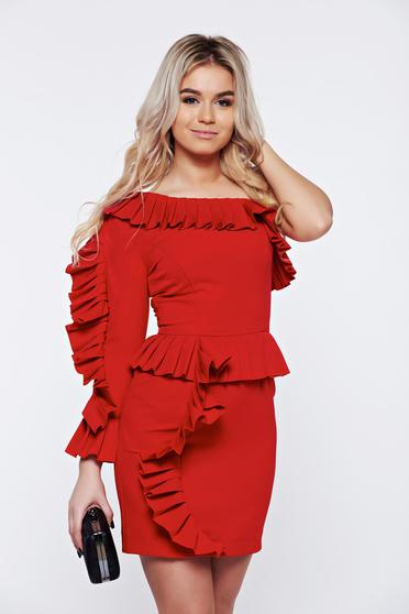 poze cu Rochie Ana Radu rosie de ocazie tip creion pe umar cu volanase
