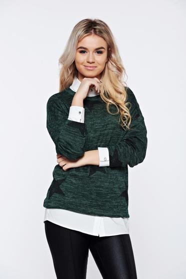 Pulover PrettyGirl verde-inchis cu print casual tricotat cu croi larg