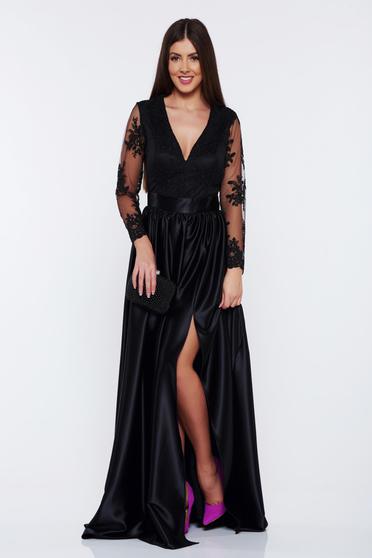 Rochie Artista neagra de ocazie cu maneci din dantela din material satinat
