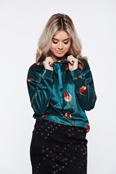 Hanorac PrettyGirl verde cu imprimeu floral casual din catifea