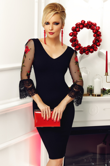 Rochie Fofy neagra de ocazie brodata cu maneci clopot