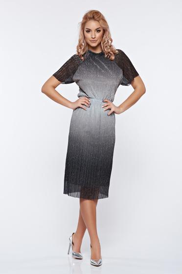 Rochie StarShinerS argintie de ocazie cu aspect metalic cu elastic in talie