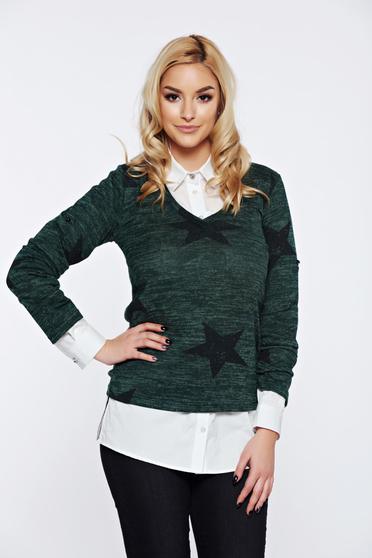 Pulover PrettyGirl verde casual cu decolteu in v cu croi larg