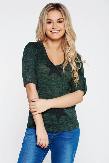 Pulover PrettyGirl verde casual cu decolteu in v cu croi larg