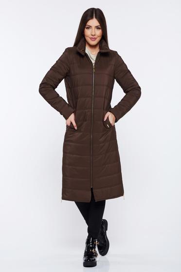 Geaca PrettyGirl maro casual din fas captusita pe interior cu buzunare