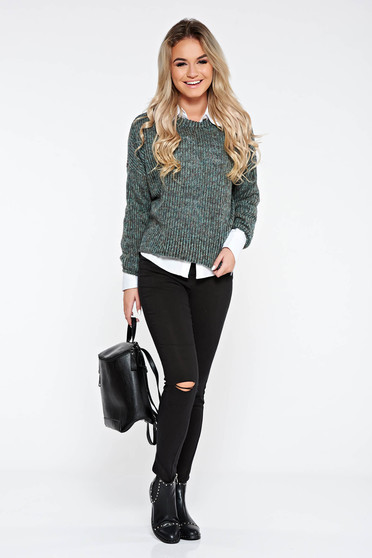 Pulover PrettyGirl verde casual cu croi larg din material tricotat accesorizat cu snur la spate
