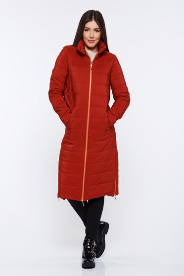 Geaca PrettyGirl caramizie casual din fas captusita pe interior cu buzunare