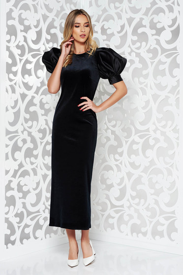 Rochie Ana Radu neagra de lux cu un croi drept din catifea cu maneci bufante