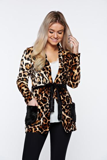 Cardigan Ocassion negru casual cu imprimeu tigrat captusit pe interior cu buzunare