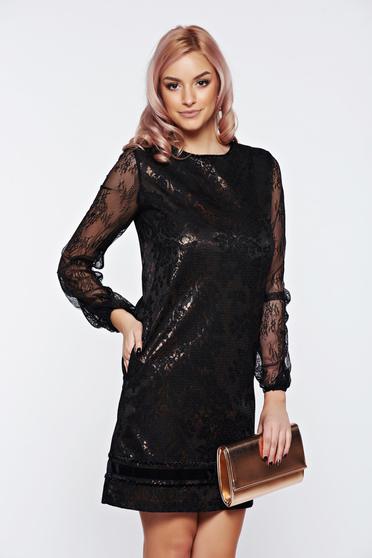 Rochie LaDonna neagra de ocazie cu croi in a cu maneci din dantela