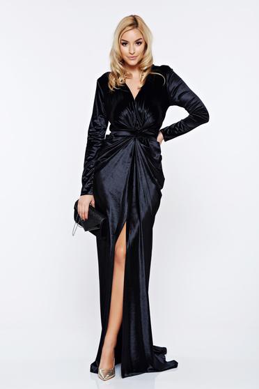 Rochie Ana Radu neagra de lux tip sirena din catifea cu decolteu adanc accesorizata cu cordon