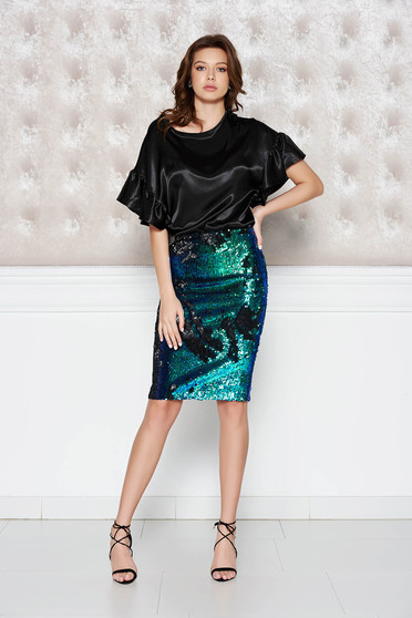 Fusta StarShinerS verde tip creion cu paiete cu elastic in talie