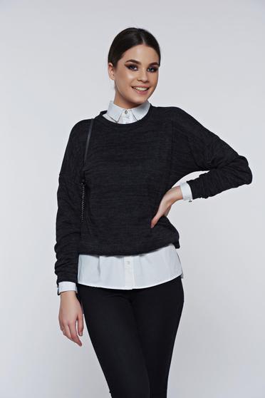 Pulover PrettyGirl gri-inchis casual cu croi larg