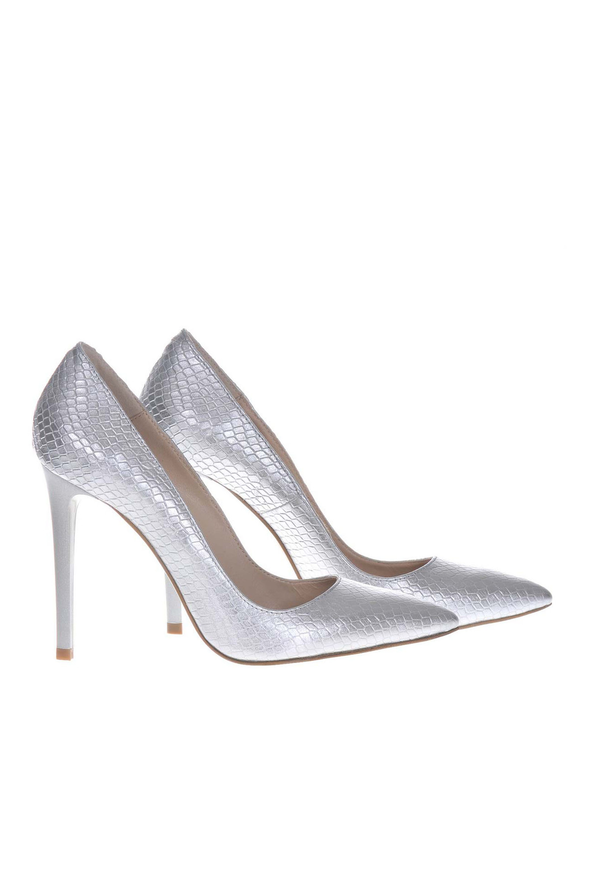 Pantofi stiletto argintii eleganti din piele naturala cu toc inalt