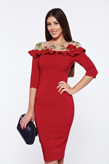 Rochie LaDonna visinie de ocazie tip creion cu insertii de broderie