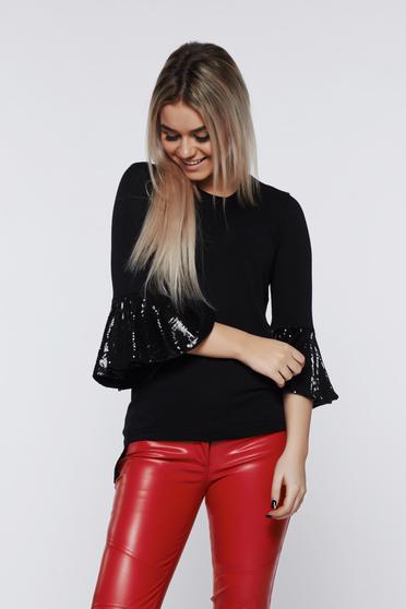 Bluza dama PrettyGirl neagra cu un croi mulat cu maneci clopot cu paiete