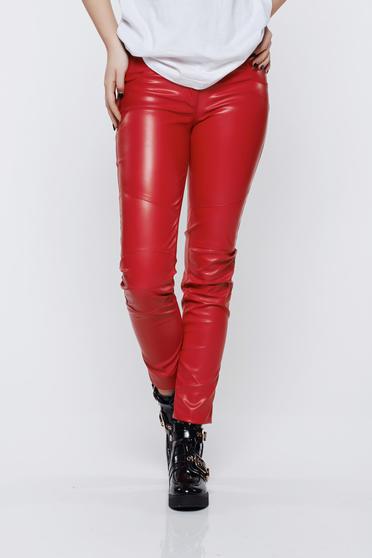 Pantaloni Ocassion rosii casual cu talie medie cu aspect metalic