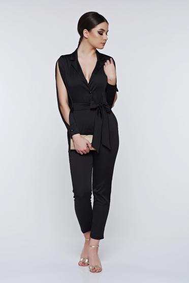 Salopeta PrettyGirl neagra eleganta cu maneci decupate cu decolteu adanc