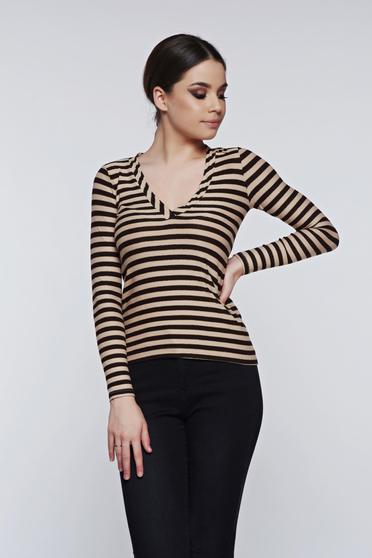 Bluza dama PrettyGirl crem cu dungi cu decolteu in v cu aspect metalic