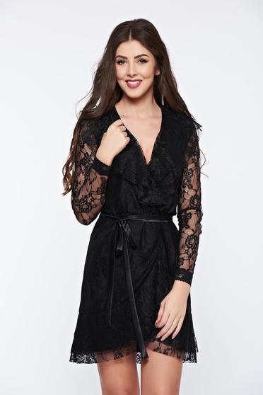 Rochie PrettyGirl neagra din dantela cu decolteu in v captusita pe interior
