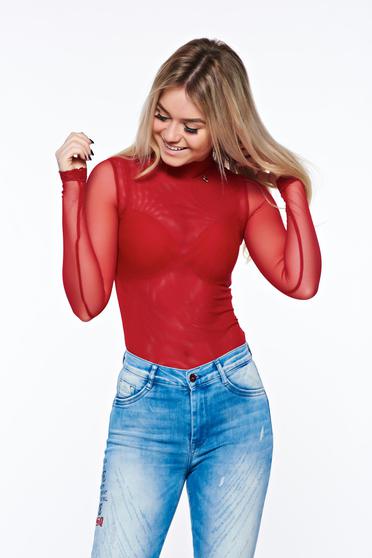 Body PrettyGirl rosu din material transparent cu aplicatii de dantela