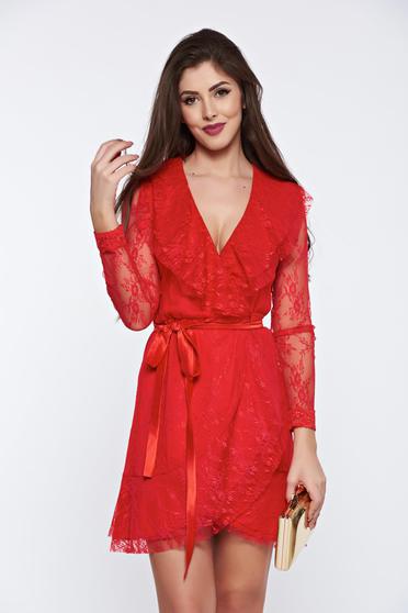 Rochie PrettyGirl rosie din dantela cu decolteu in v captusita pe interior