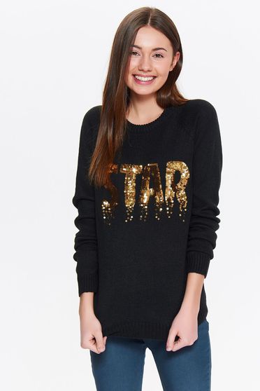 Pulover Top Secret negru casual cu croi larg cu aplicatii cu paiete